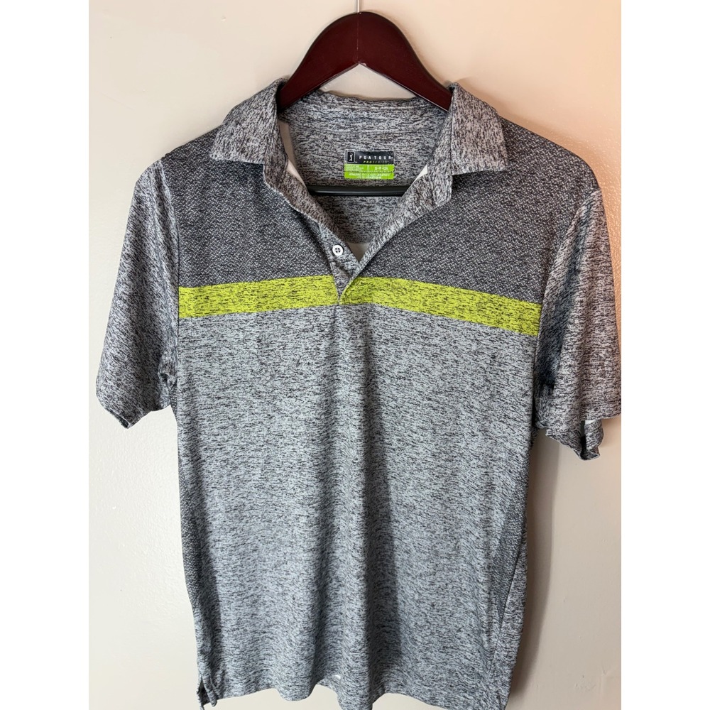PGA Tour Pro Series Mens Small Athletic Fit Golf Polo Grey Lime Green Stripe